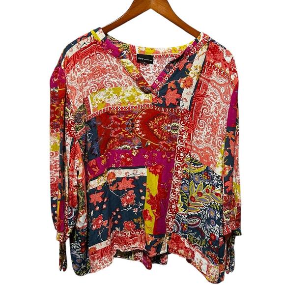 Jones New York Women Top Patchwork Boho Blouse Multicolor Rayon Flowy Travel‎ - Picture 1 of 9